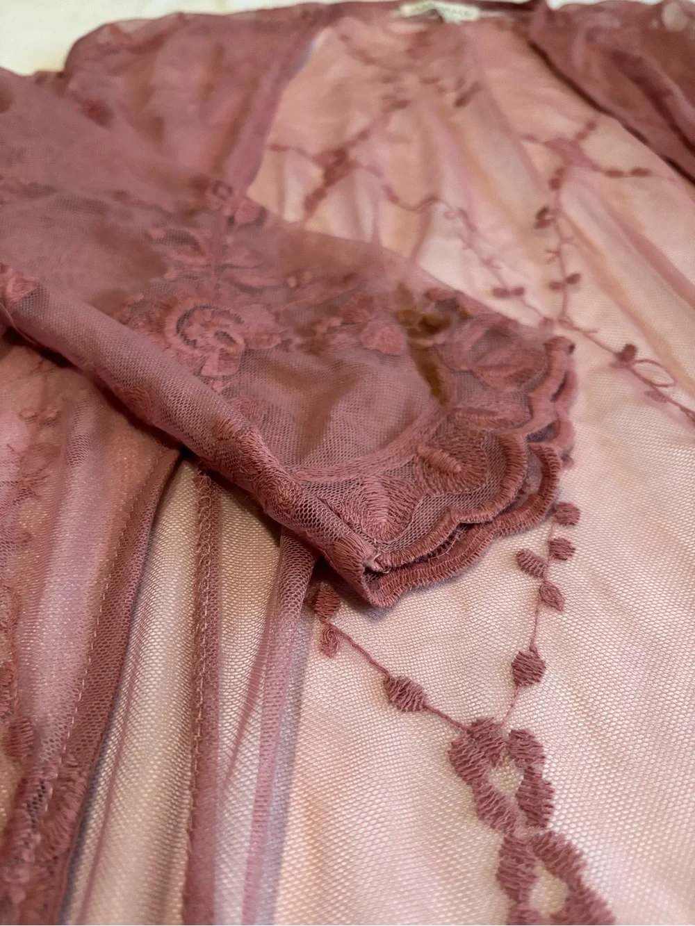 Haute Monde Sheer Lace Long Robe in Dusty Rose